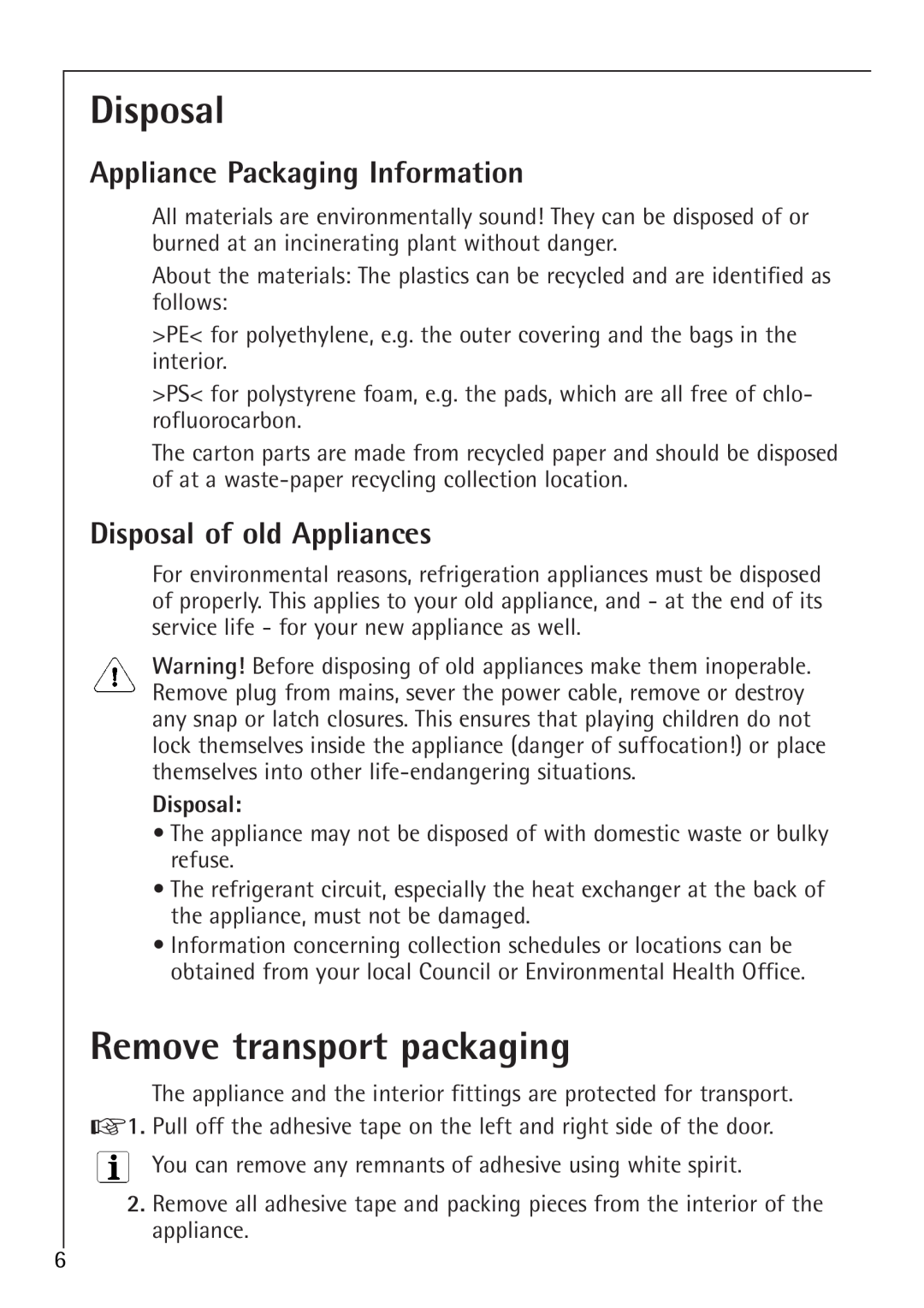 Electrolux 86000 i Remove transport packaging, Appliance Packaging Information, Disposal of old Appliances 