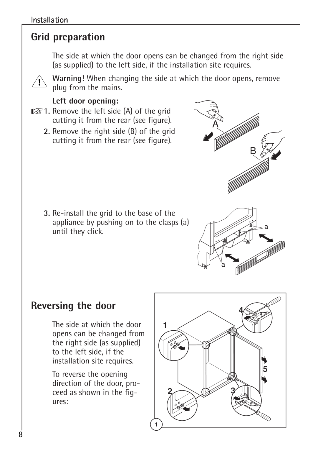 Electrolux 86000 i installation instructions Grid preparation, Reversing the door, Left door opening 