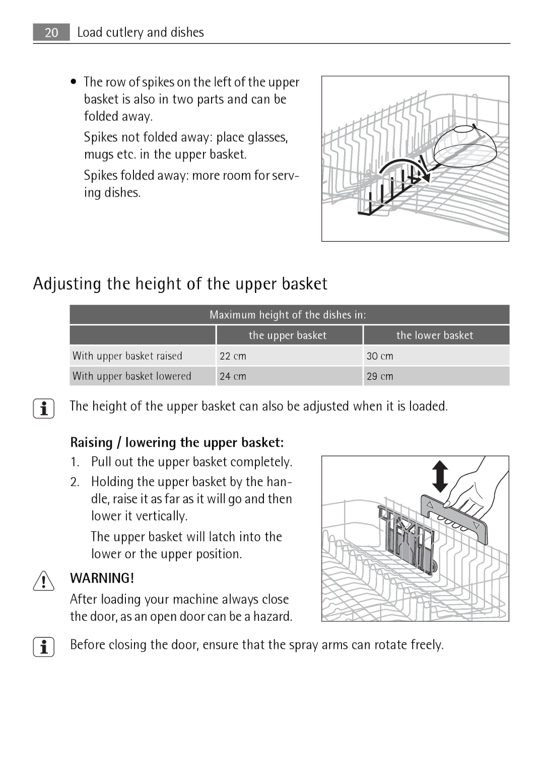 Electrolux 86011 VI user manual Adjusting the height of the upper basket, Raising / lowering the upper basket 