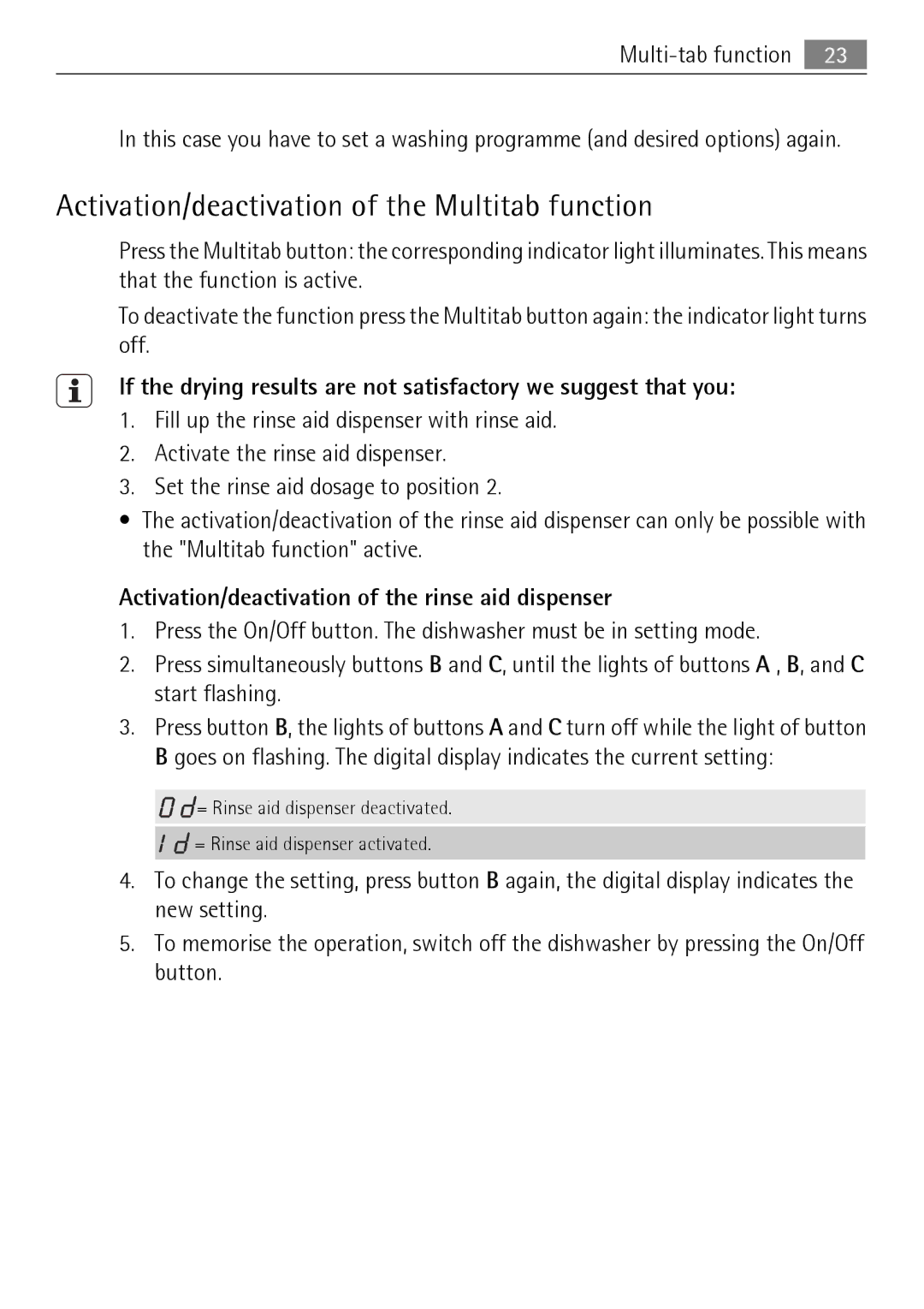 Electrolux 86011 VI Activation/deactivation of the Multitab function, Activation/deactivation of the rinse aid dispenser 