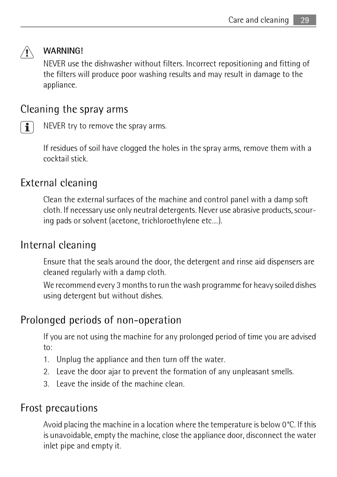 Electrolux 86011 VI Cleaning the spray arms, External cleaning, Internal cleaning, Prolonged periods of non-operation 