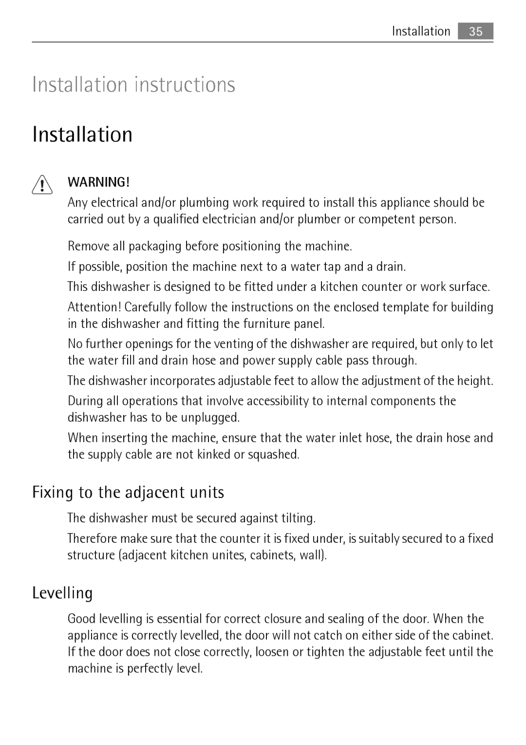 Electrolux 86011 VI user manual Installation, Fixing to the adjacent units, Levelling 