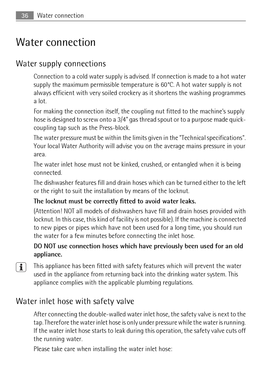 Electrolux 86011 VI user manual Water connection, Water supply connections, Water inlet hose with safety valve 