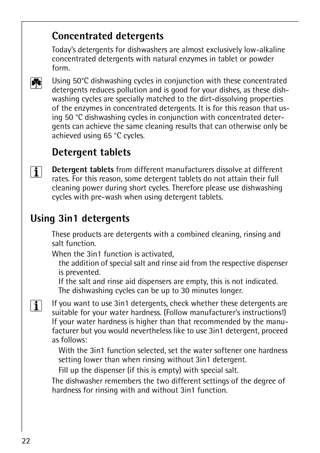 Electrolux 86070 VI manual Concentrated detergents, Detergent tablets, Using 3in1 detergents 