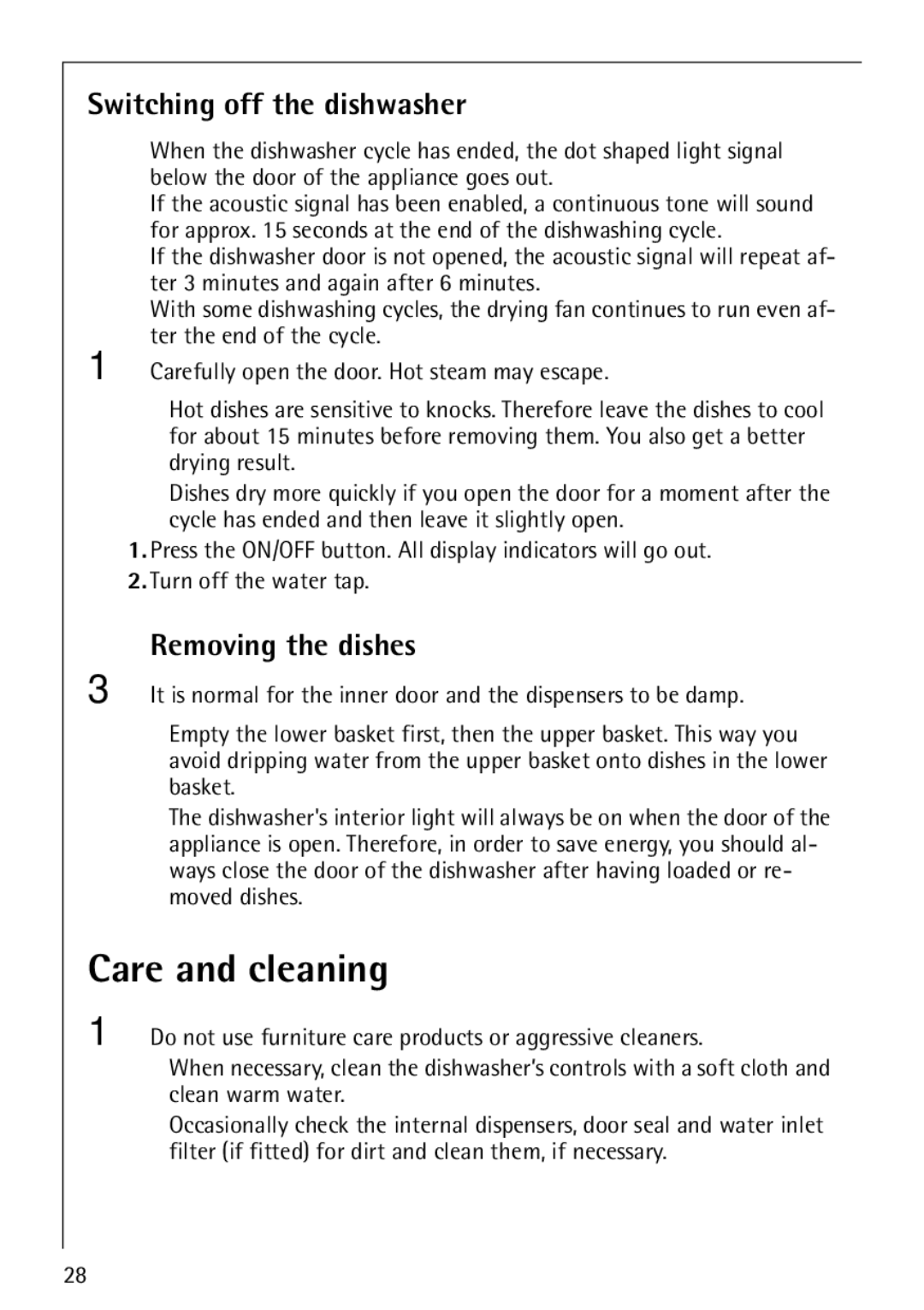 Electrolux 86070 VI manual Care and cleaning, Switching off the dishwasher, Removing the dishes 