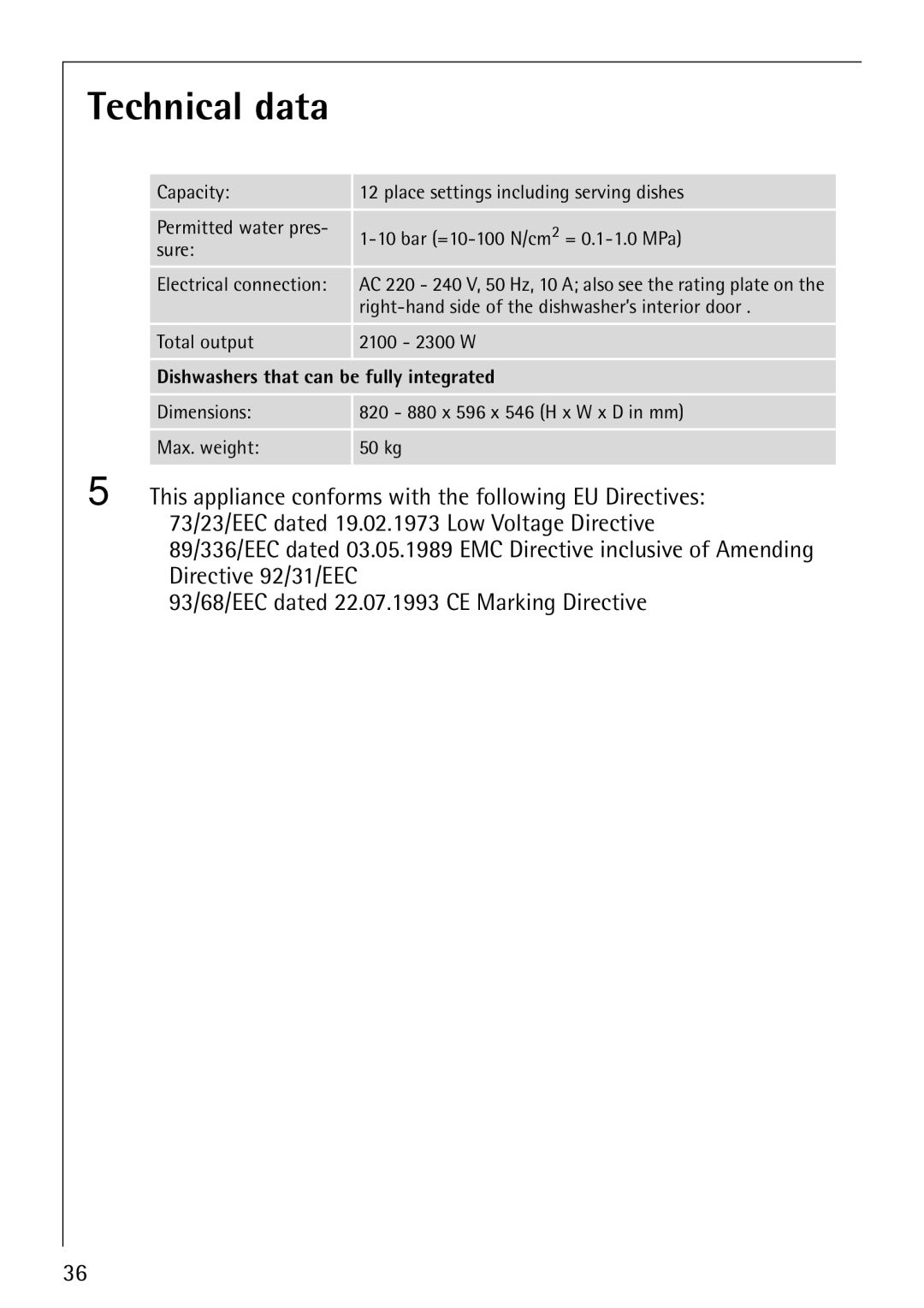 Electrolux 86070 VI manual Technical data 