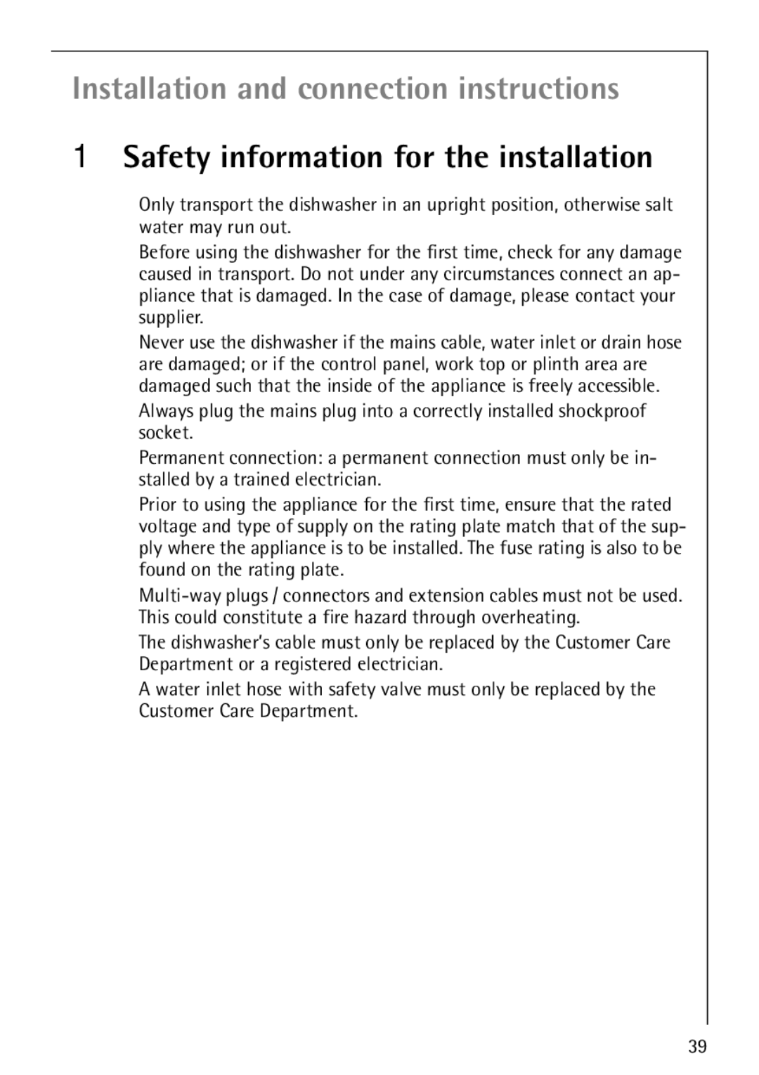 Electrolux 86070 VI manual Installation and connection instructions, Safety information for the installation 