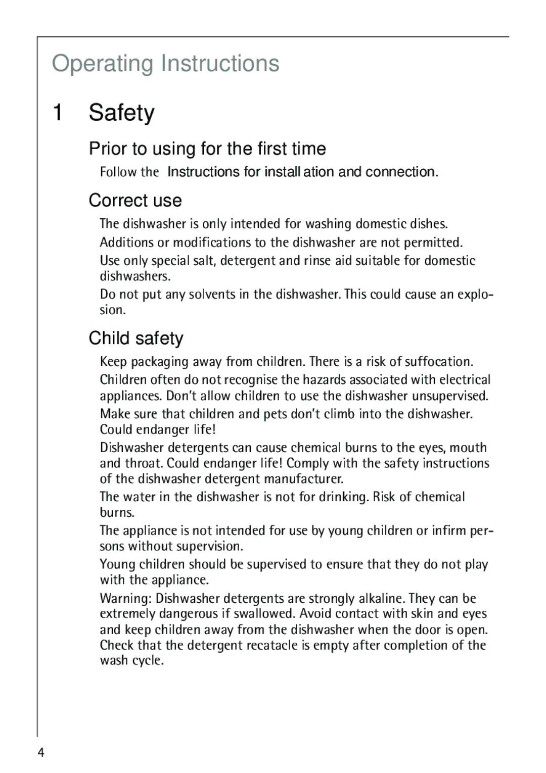 Electrolux 86070 VI manual Safety, Prior to using for the first time, Correct use, Child safety 