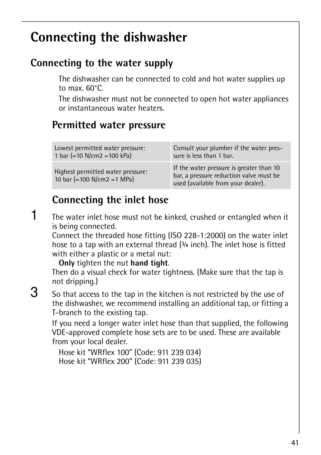 Electrolux 86070 VI manual Connecting the dishwasher, Connecting to the water supply, Permitted water pressure 