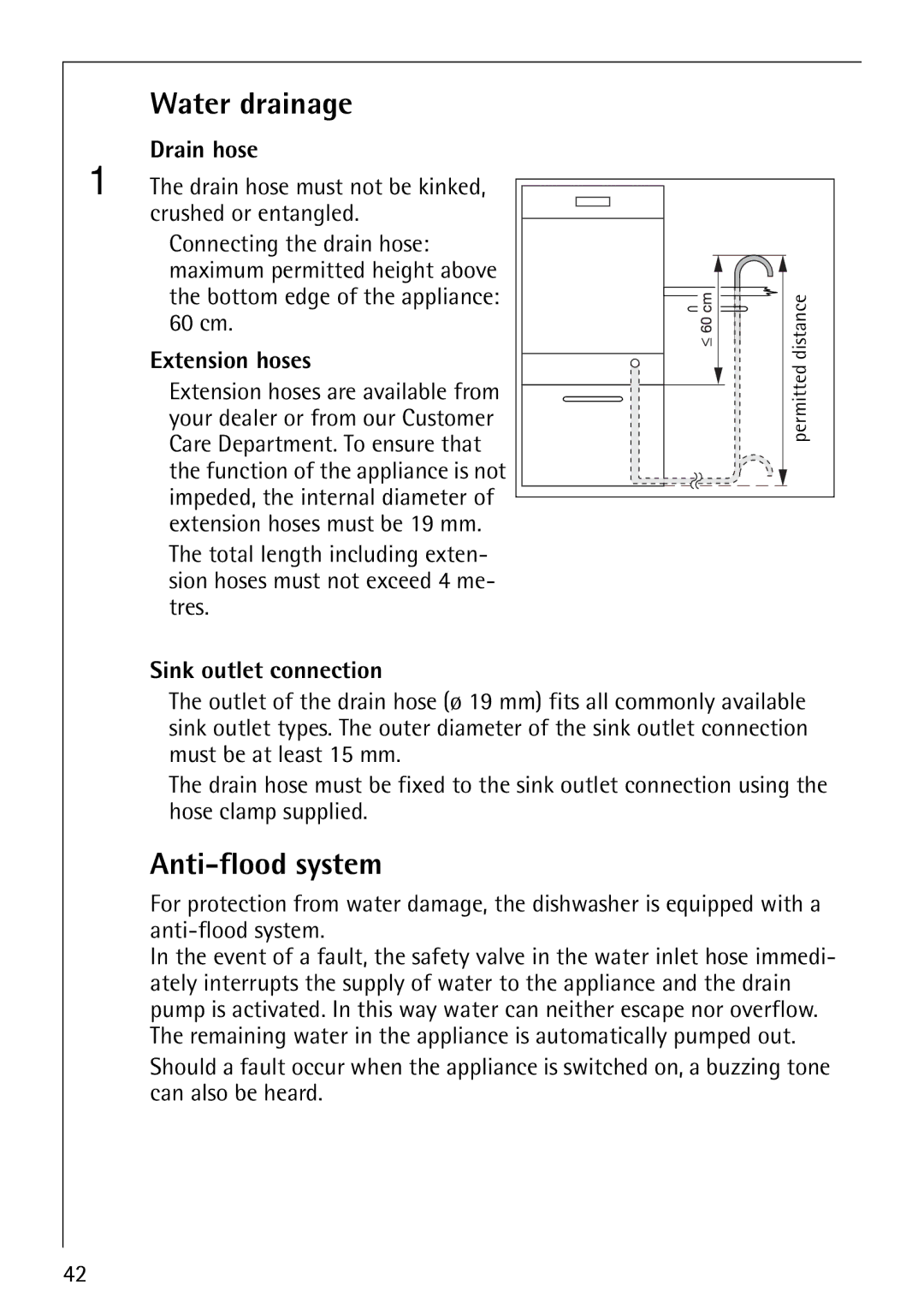 Electrolux 86070 VI manual Water drainage, Anti-flood system, Drain hose, Extension hoses, Sink outlet connection 