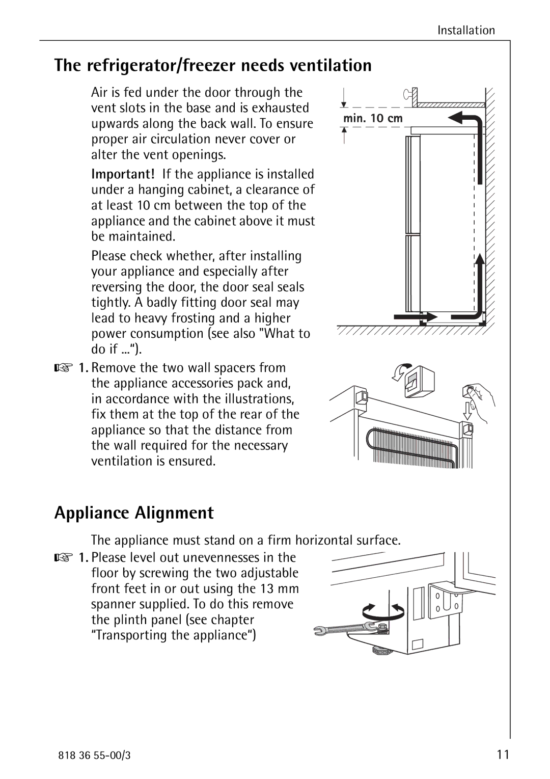 Electrolux 86378-KG1 manual Refrigerator/freezer needs ventilation, Appliance Alignment 