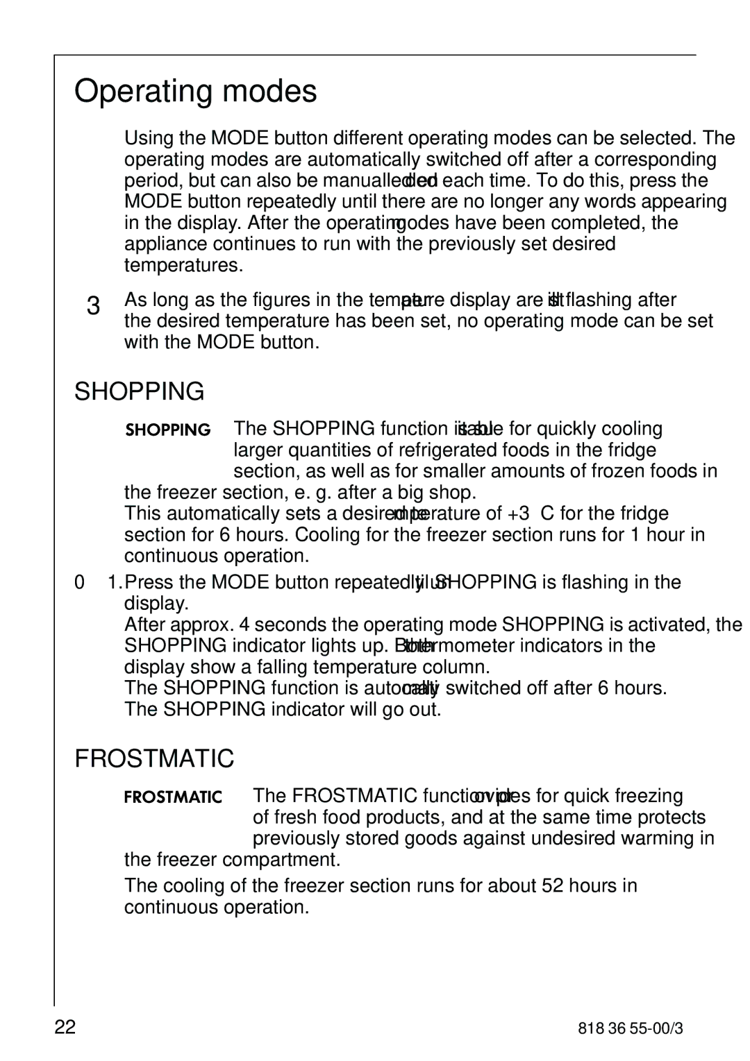 Electrolux 86378-KG1 manual Operating modes, Shopping 