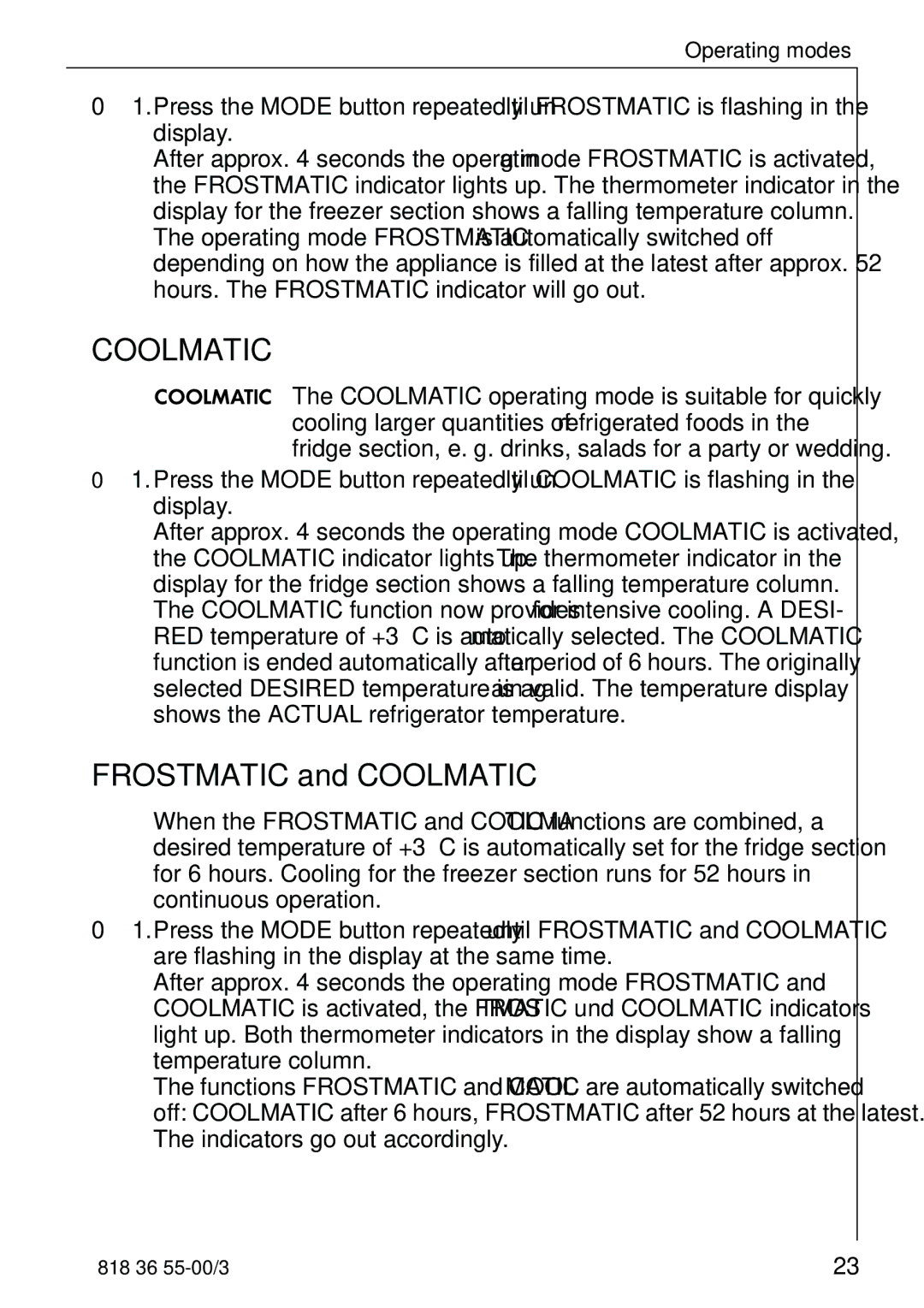 Electrolux 86378-KG1 manual Frostmatic and Coolmatic 