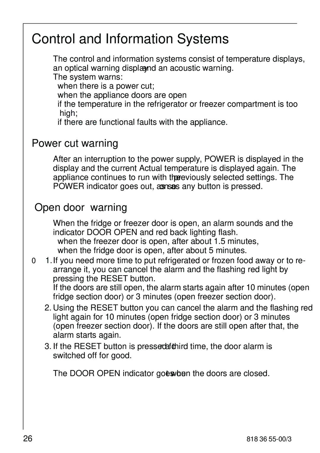 Electrolux 86378-KG1 manual Control and Information Systems, Power cut warning, Open door warning 