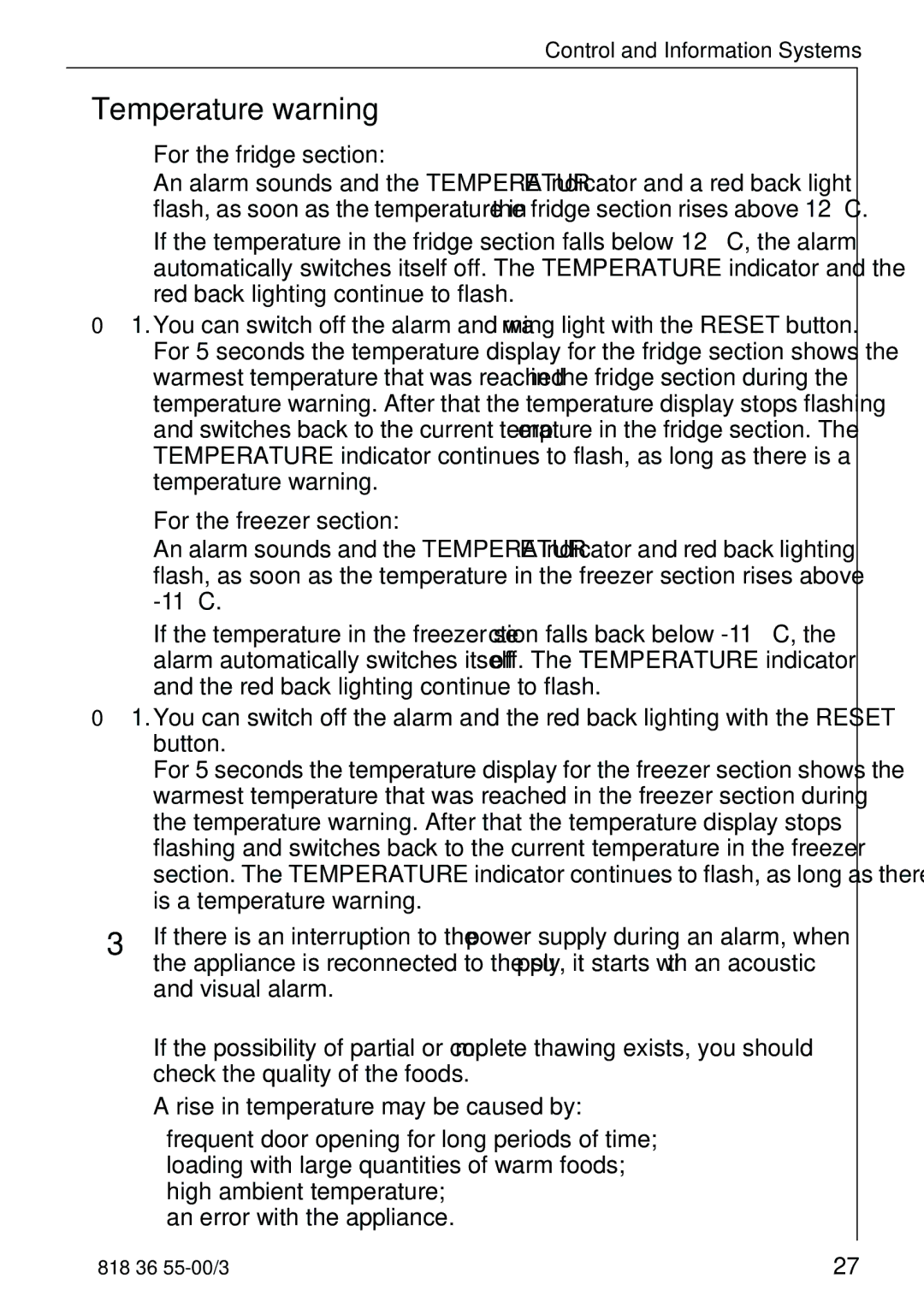 Electrolux 86378-KG1 manual Temperature warning, For the fridge section, For the freezer section 