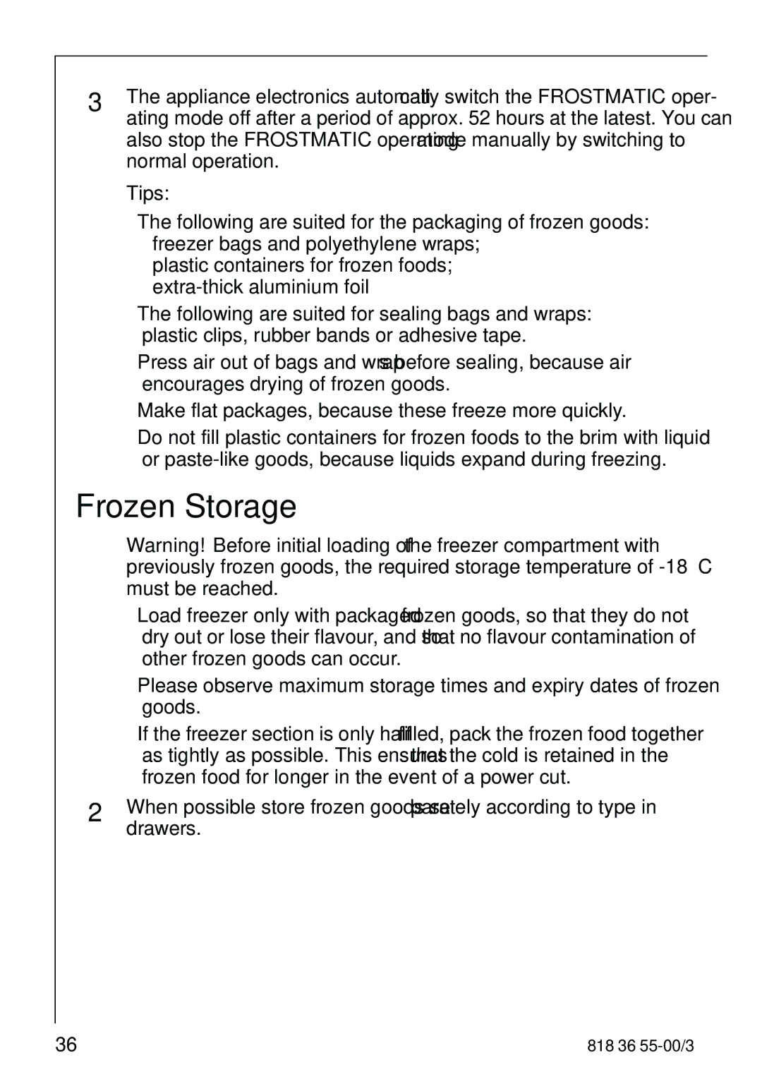 Electrolux 86378-KG1 manual Frozen Storage, Tips 