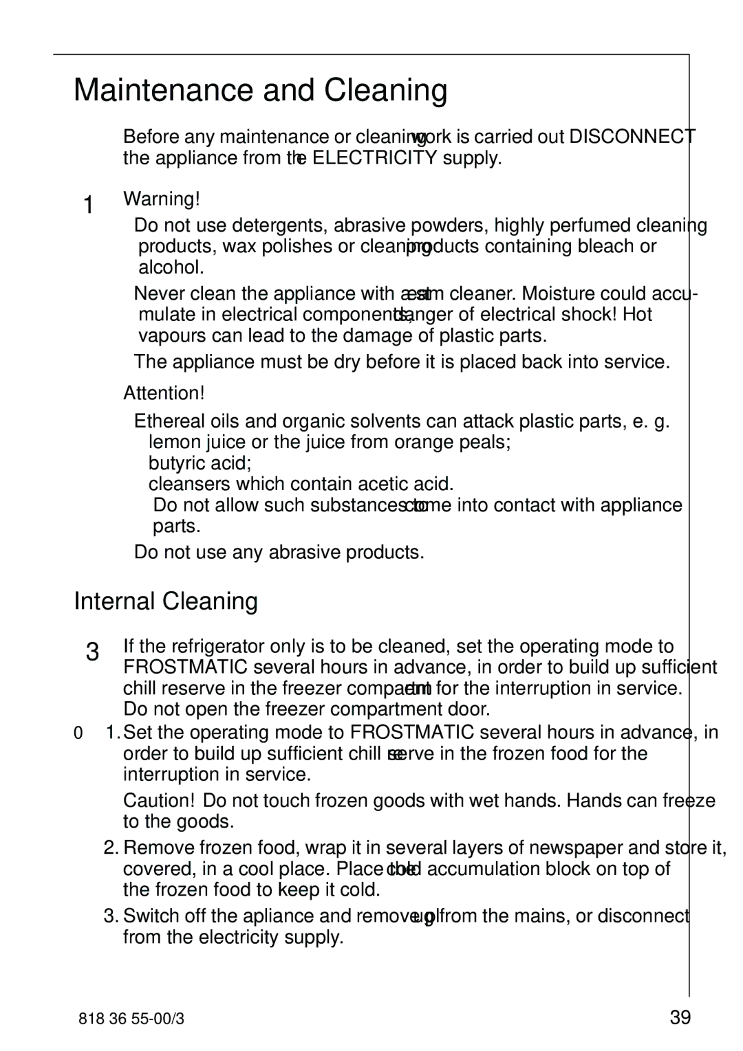 Electrolux 86378-KG1 manual Maintenance and Cleaning, Internal Cleaning 