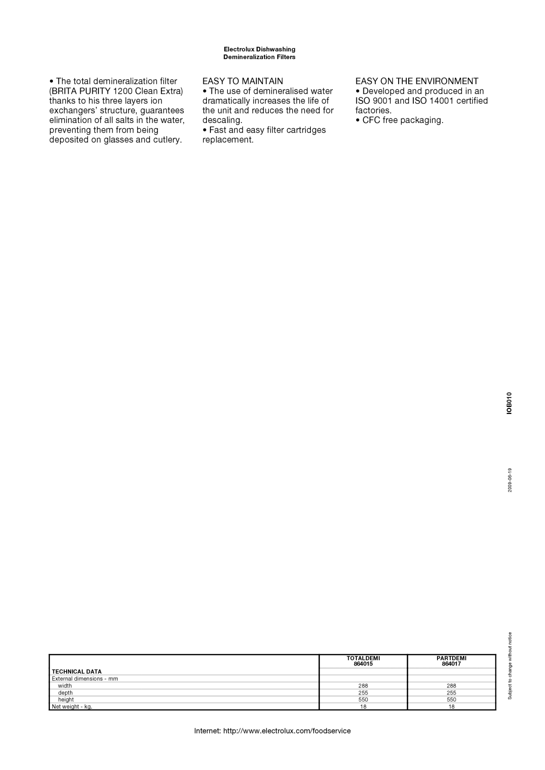 Electrolux 864017 manual Easy to Maintain, Easy on the Environment, Electrolux Dishwashing Demineralization Filters, IOB010 