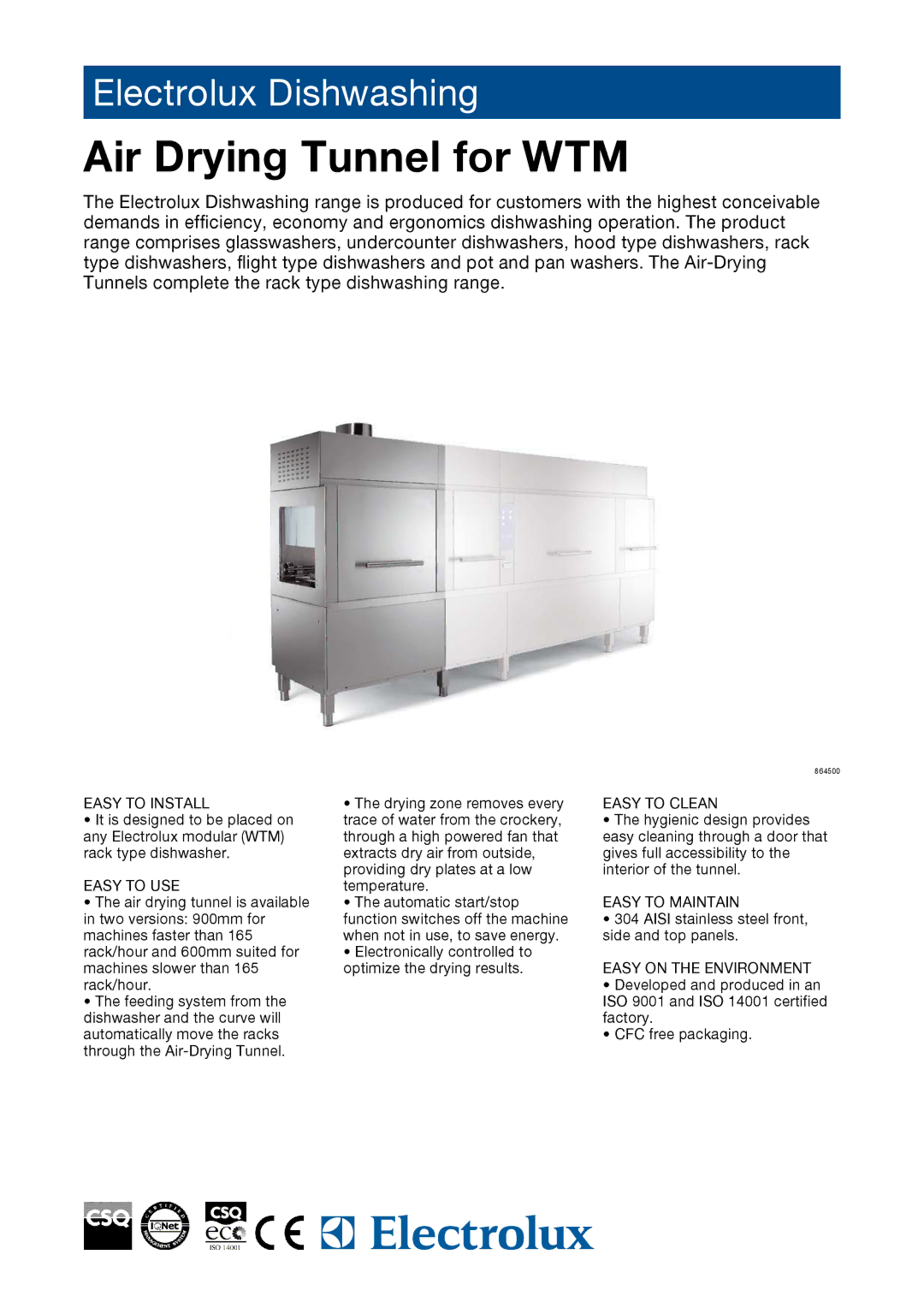 Electrolux ADTERMD, 864510, 864500, 864511, ADTELMD, 864501, 864515, 864514, ADTLSRMD, ADTLERMD manual Air Drying Tunnel for WTM 