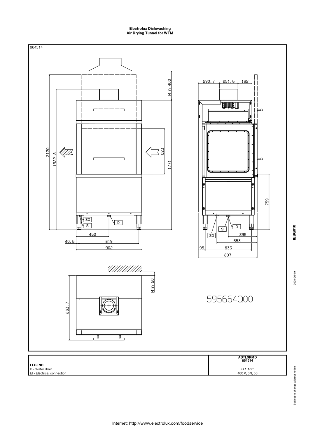 Electrolux 864501, 864510, ADTERMD, 864500, 864511, ADTELMD, 864515 Electrolux Dishwashing Air Drying Tunnel for WTM 864514 