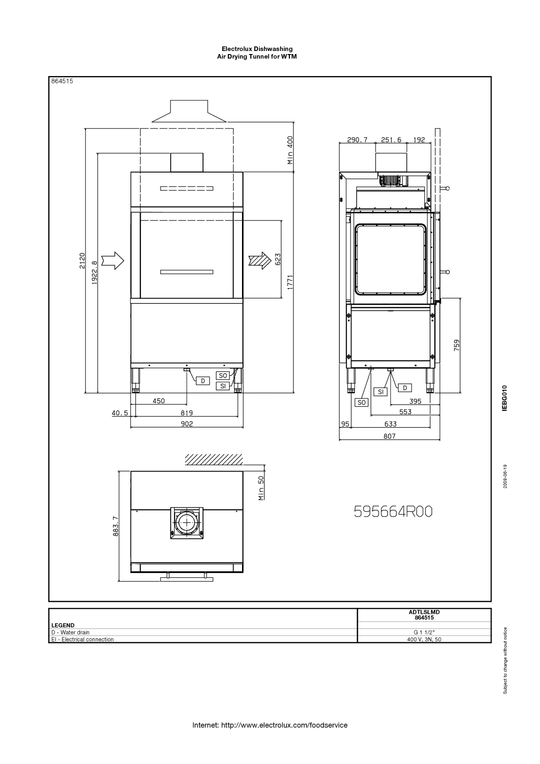 Electrolux 864510, ADTERMD, 864500, 864511, ADTELMD, 864501, 864514 Electrolux Dishwashing Air Drying Tunnel for WTM 864515 