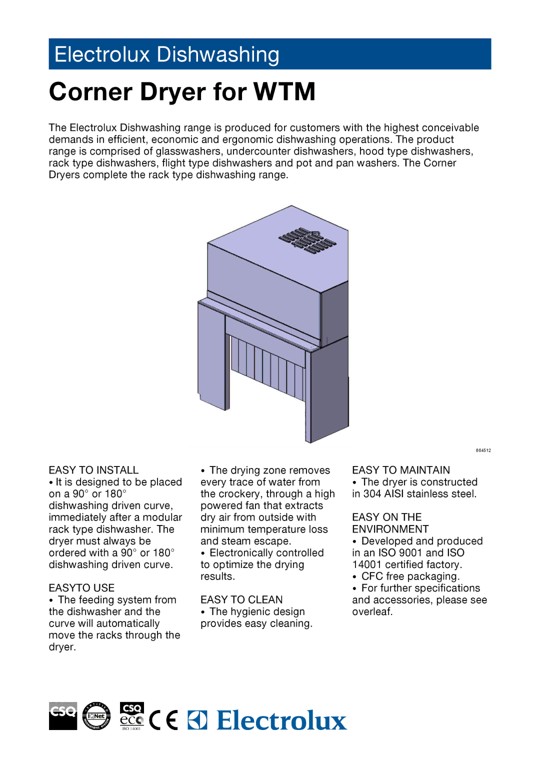 Electrolux ADTERC90MD, 864513, 864512, ADTELC90MD specifications Corner Dryer for WTM 
