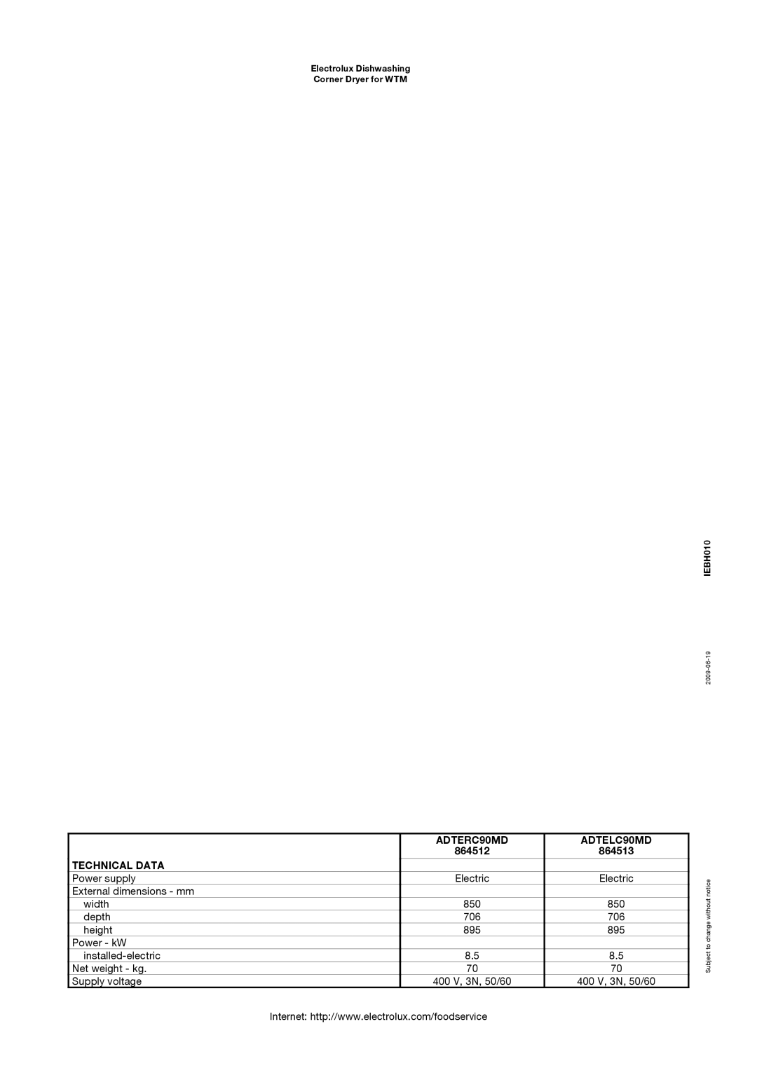 Electrolux 864512, 864513 specifications ADTERC90MD ADTELC90MD, Technical Data 