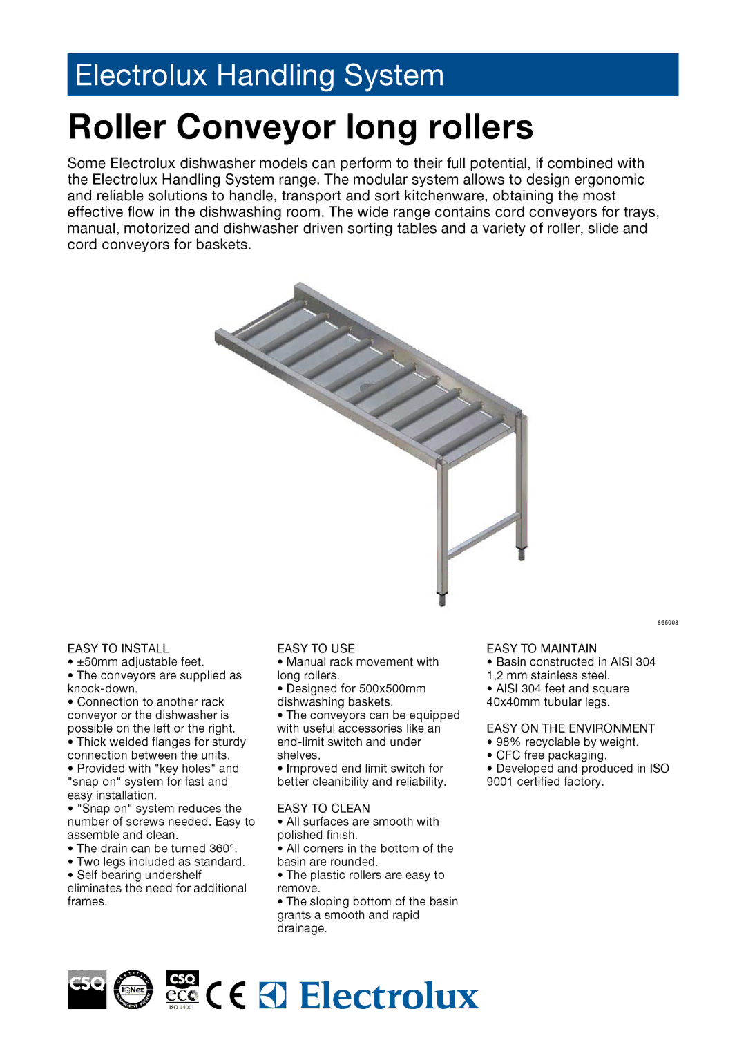 Electrolux 865008 manual Roller Conveyor long rollers 