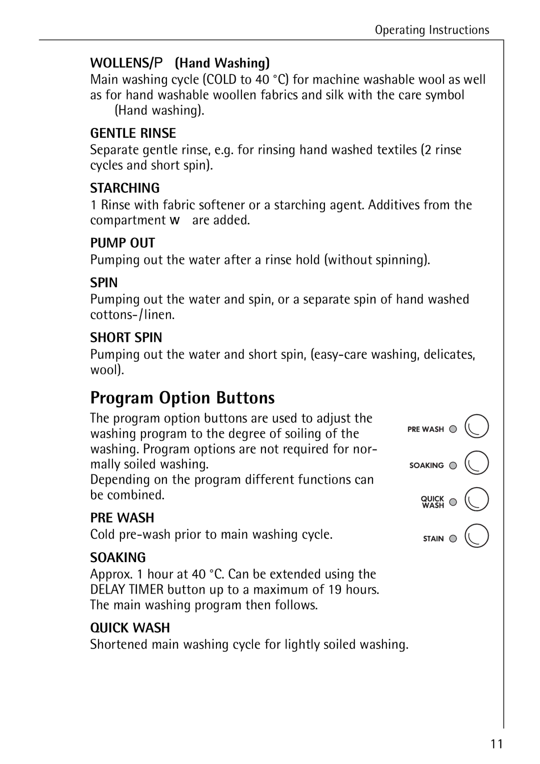 Electrolux 86720 manual Program Option Buttons 