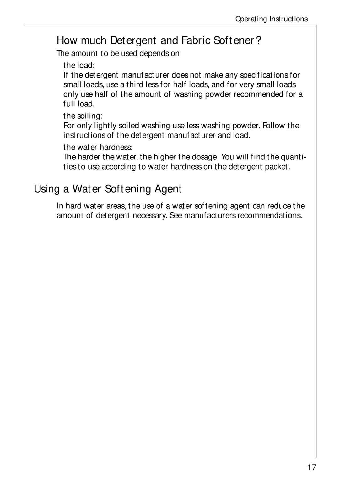 Electrolux 86720 manual How much Detergent and Fabric Softener?, Using a Water Softening Agent, Water hardness 