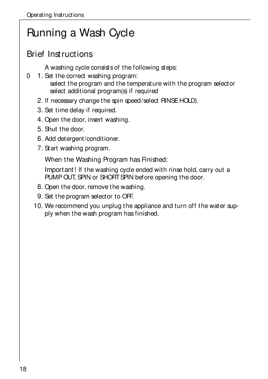 Electrolux 86720 manual Running a Wash Cycle, Brief Instructions 