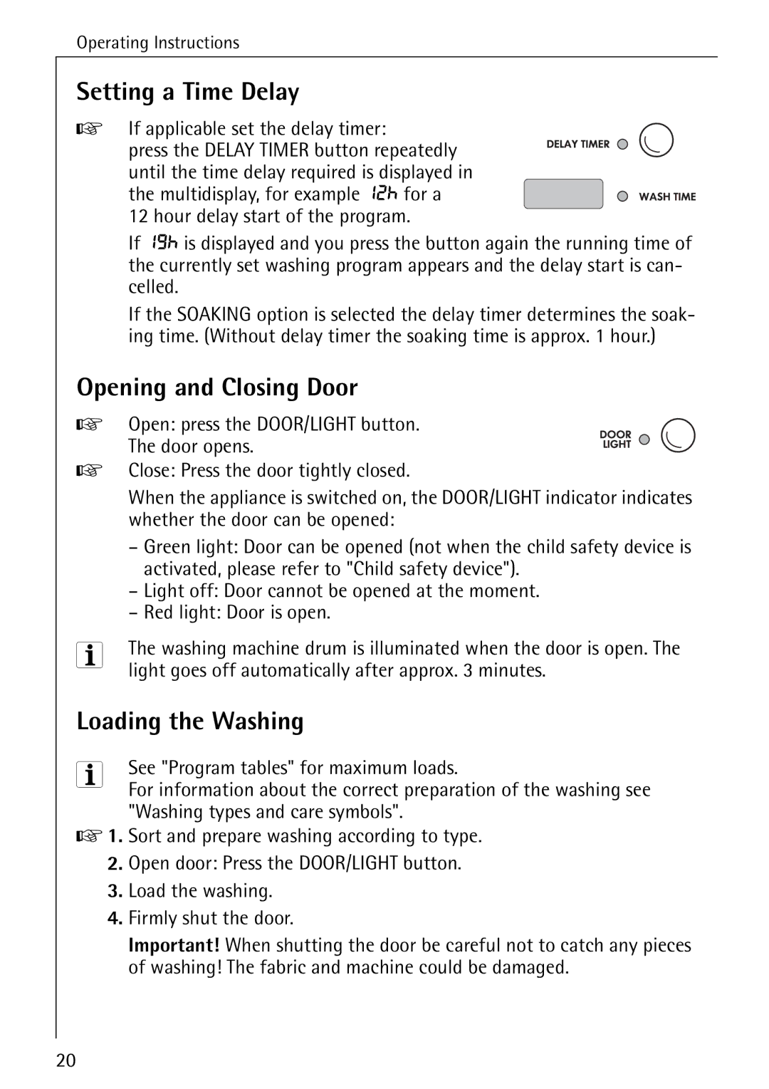 Electrolux 86720 Setting a Time Delay, Opening and Closing Door, Loading the Washing, If applicable set the delay timer 