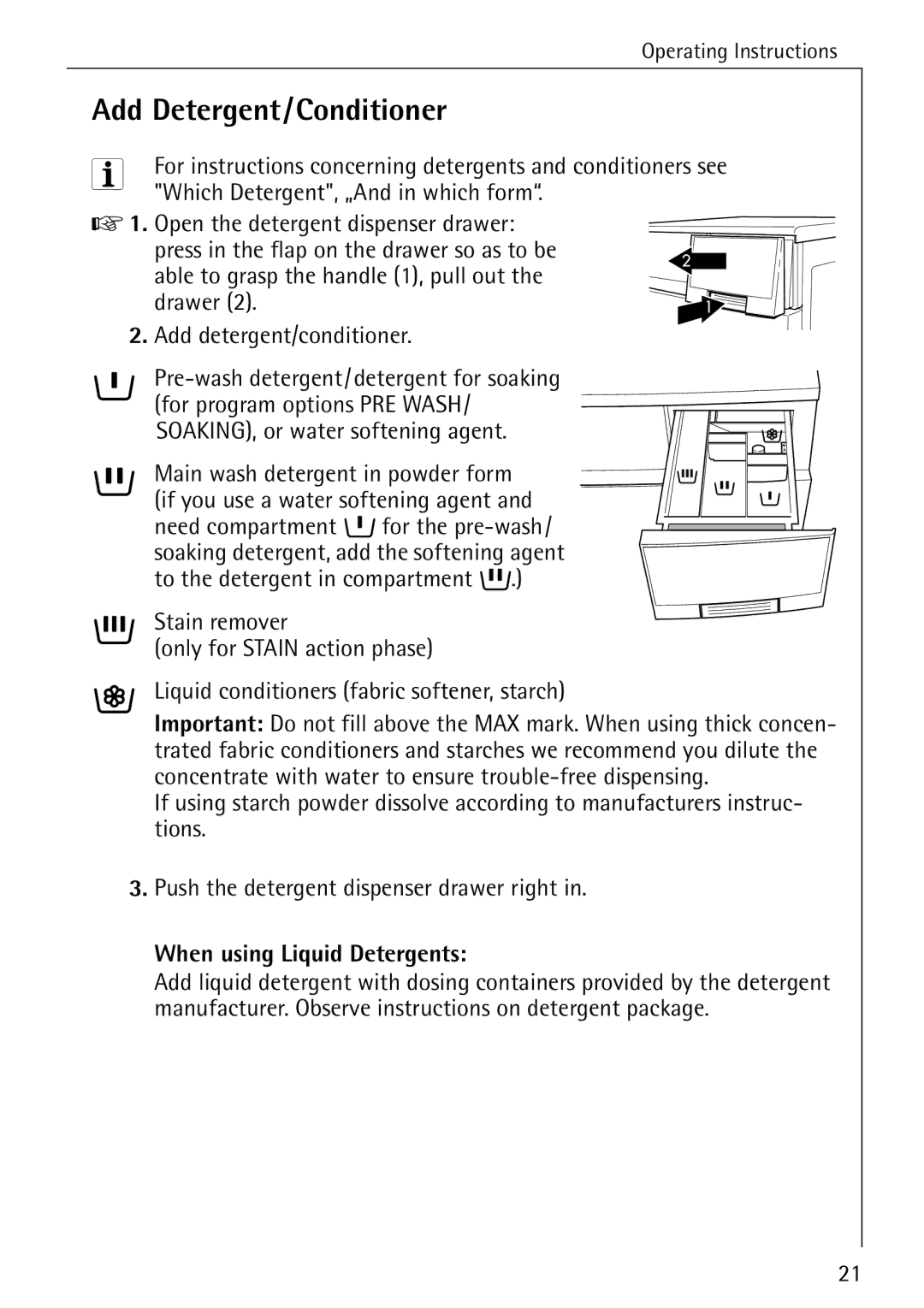 Electrolux 86720 manual Add Detergent/Conditioner, SOAKING, or water softening agent 