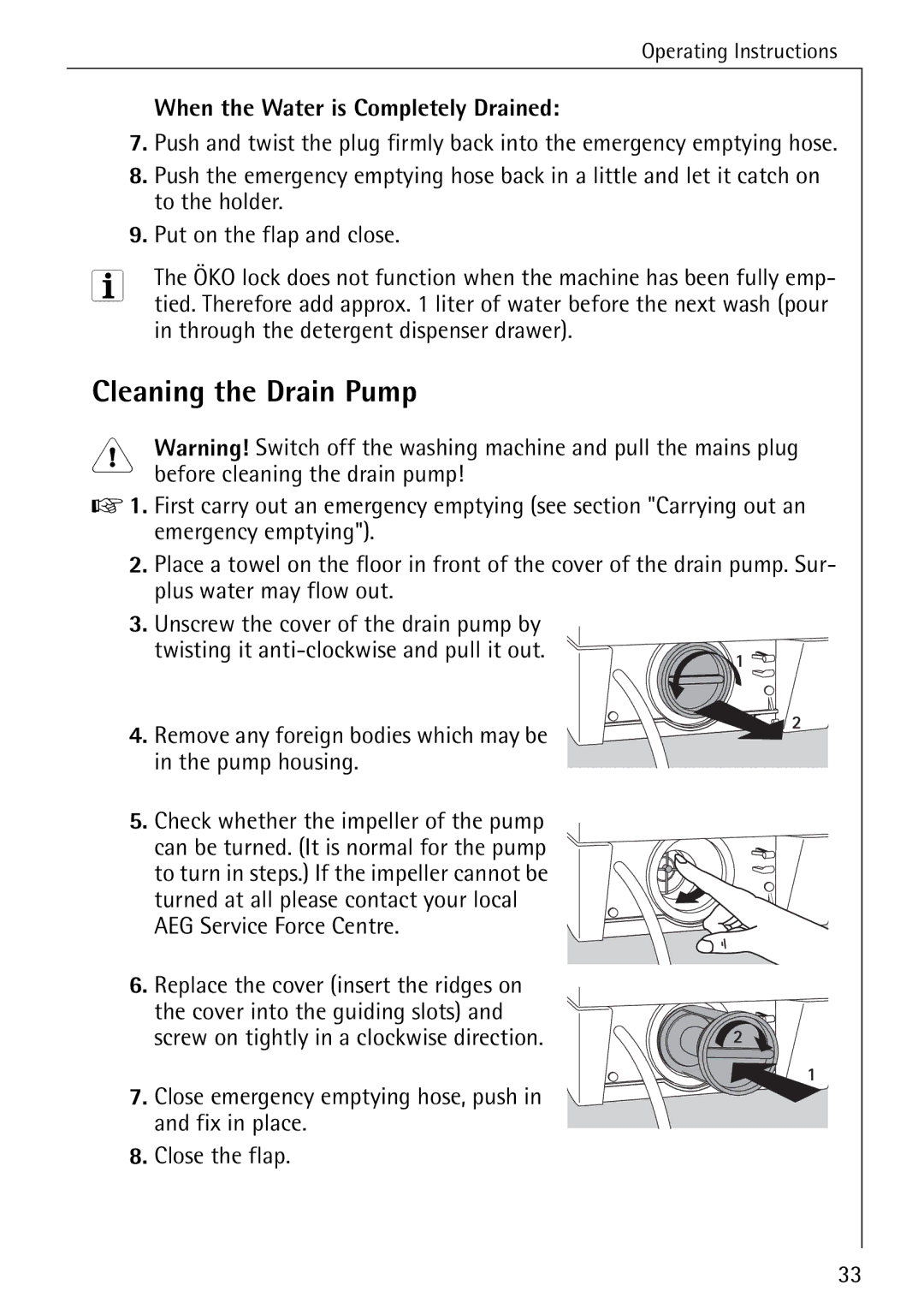 Electrolux 86720 manual Cleaning the Drain Pump 