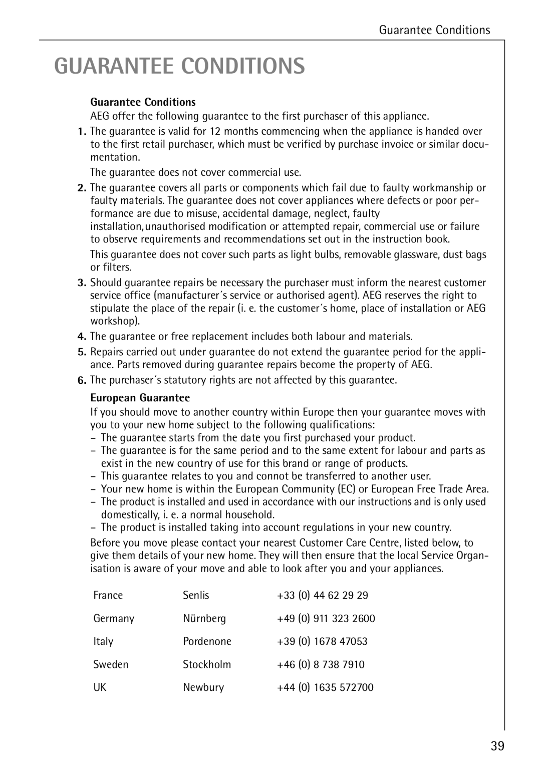 Electrolux 86720 manual Guarantee Conditions 