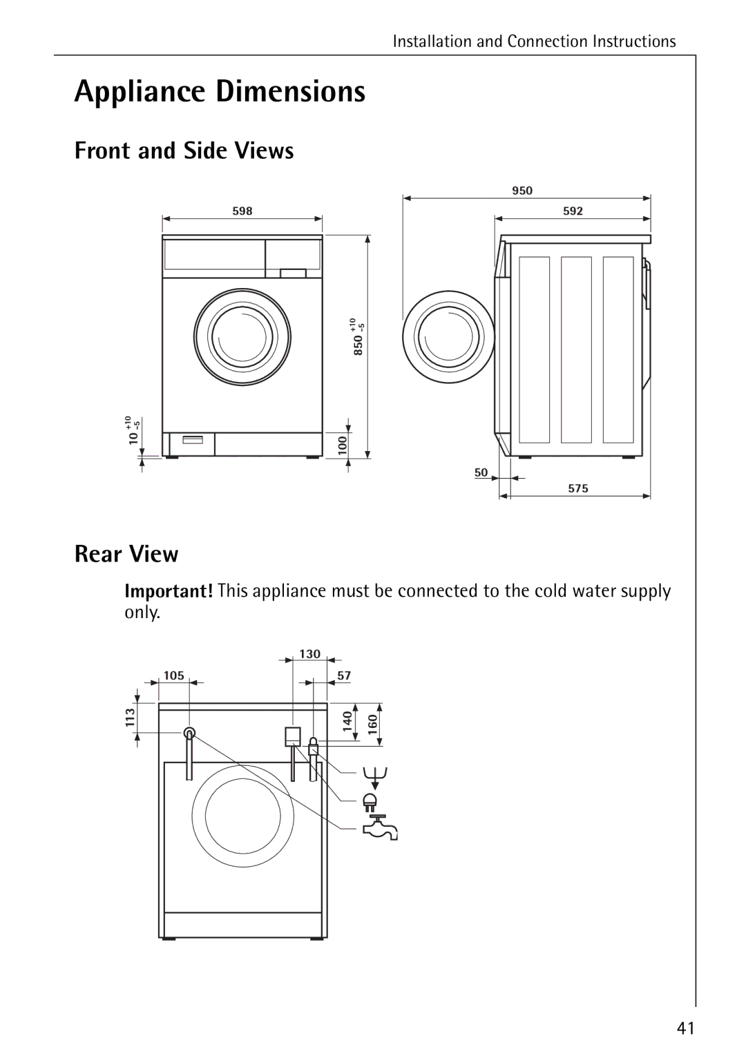 Electrolux 86720 manual Appliance Dimensions, Front and Side Views Rear View 