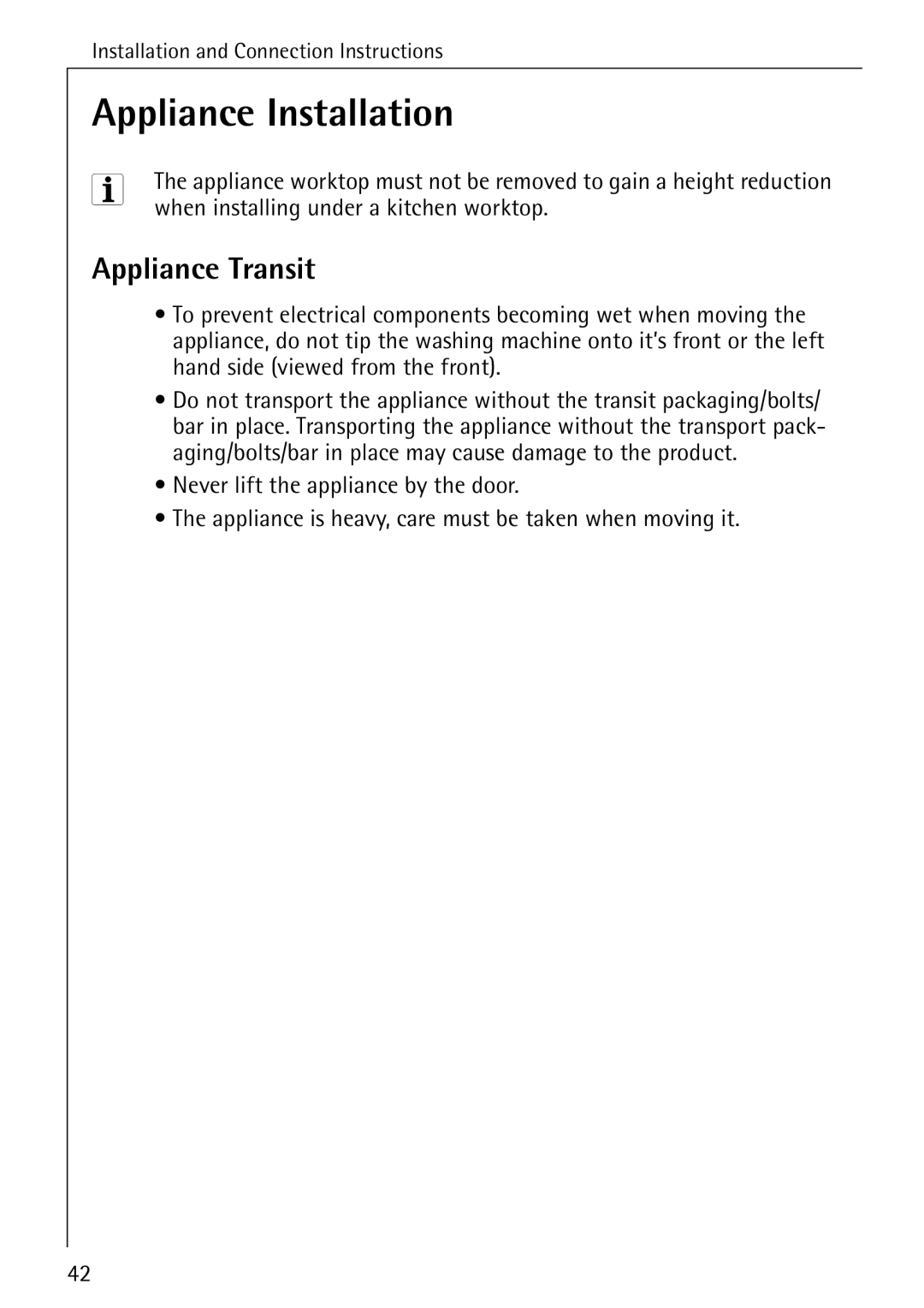 Electrolux 86720 manual Appliance Installation, Appliance Transit 