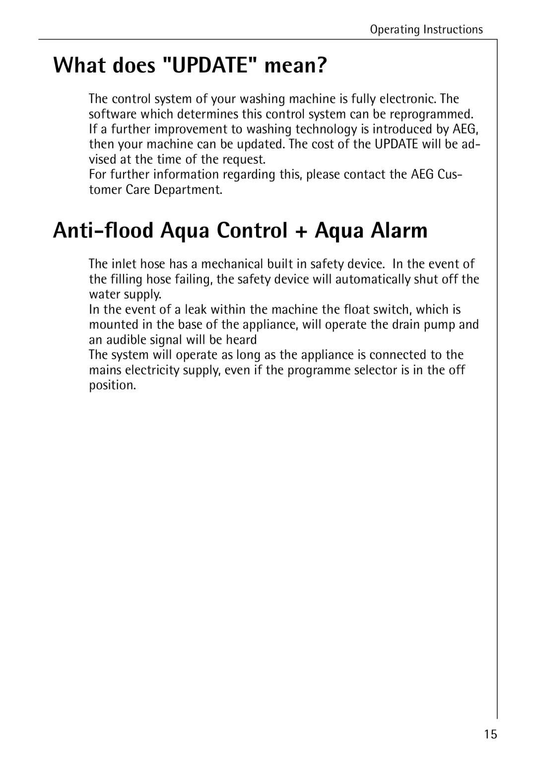 Electrolux 86741 manual What does Update mean?, Anti-flood Aqua Control + Aqua Alarm 