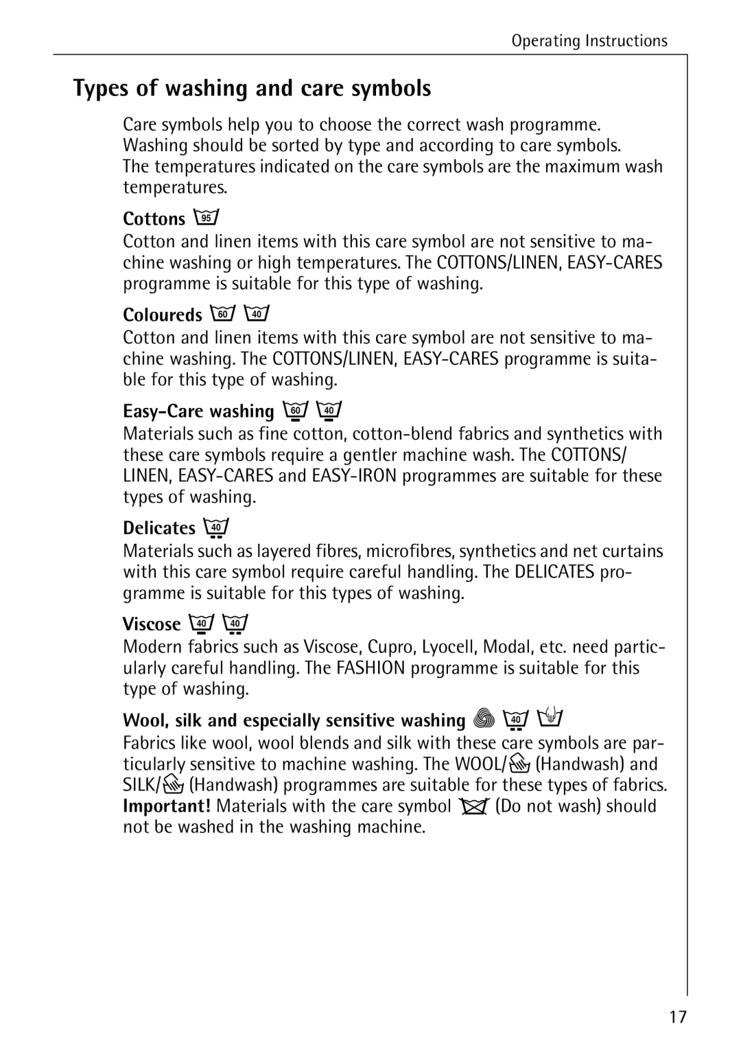 Electrolux 86741 manual Types of washing and care symbols 