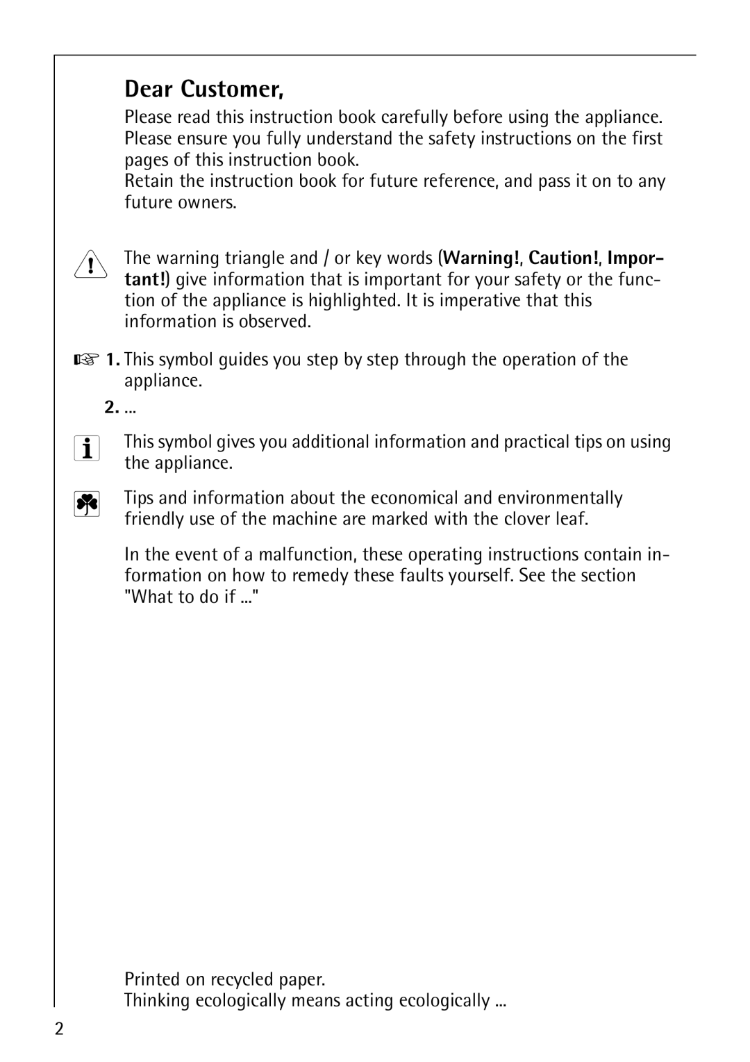 Electrolux 86741 manual Dear Customer, Pages of this instruction book, Future owners, Appliance 