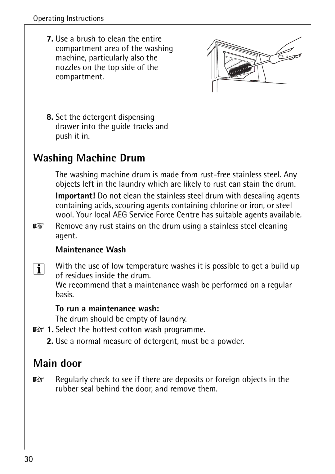 Electrolux 86741 Washing Machine Drum, Main door, Maintenance Wash, Residues inside the drum, To run a maintenance wash 