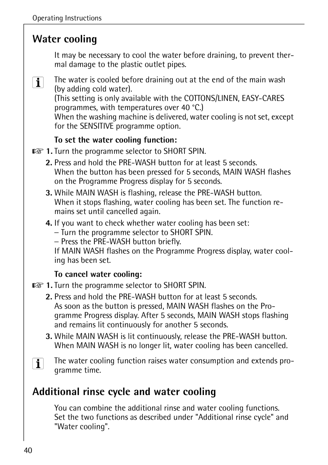 Electrolux 86741 manual Water cooling, Additional rinse cycle and water cooling, To set the water cooling function 