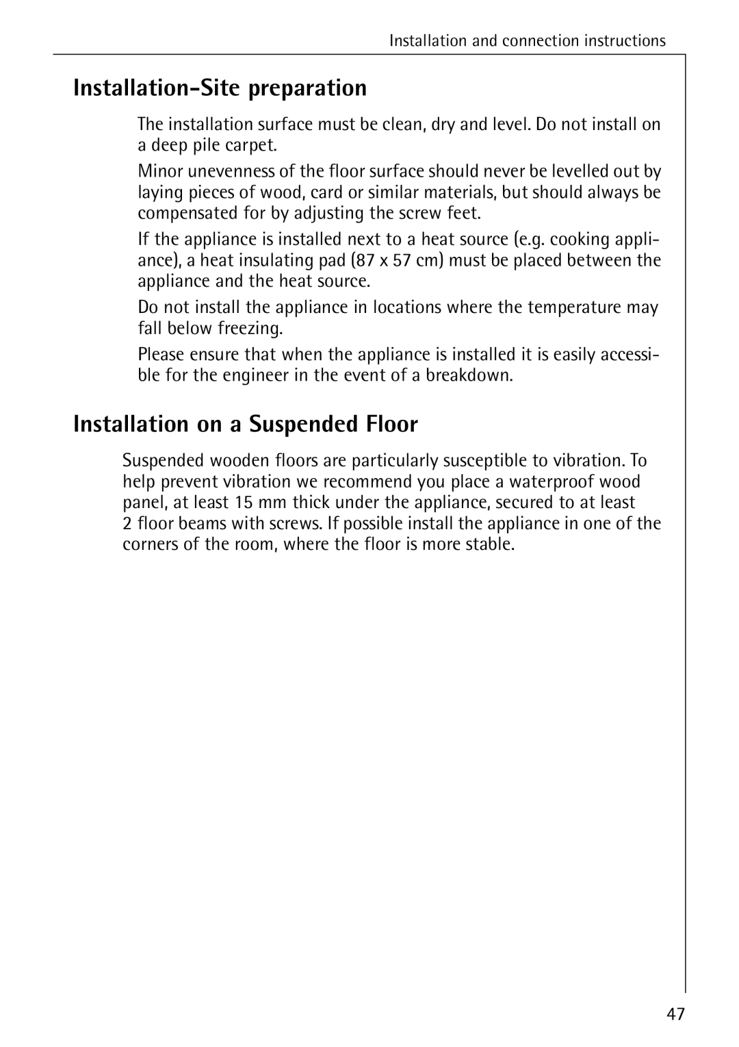 Electrolux 86741 manual Installation-Site preparation, Installation on a Suspended Floor 