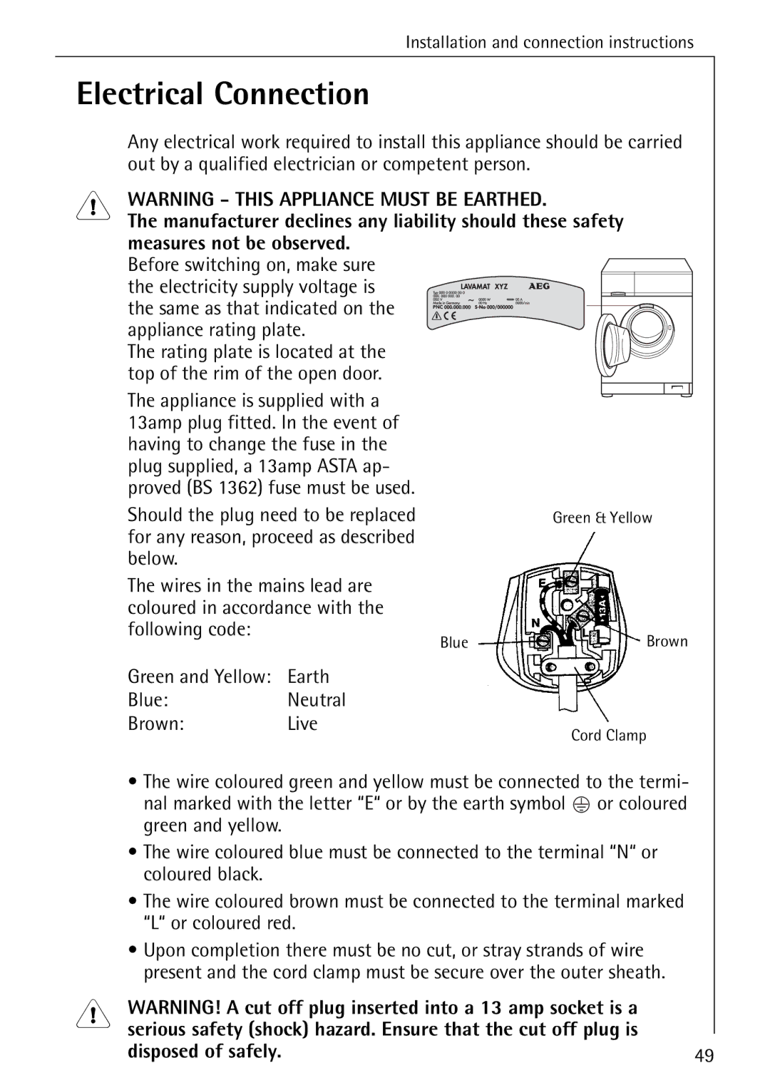 Electrolux 86741 manual Electrical Connection, Measures not be observed, Earth Blue Neutral Brown Live, Disposed of safely 