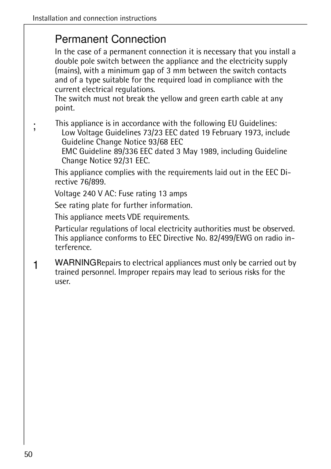 Electrolux 86741 manual Permanent Connection 