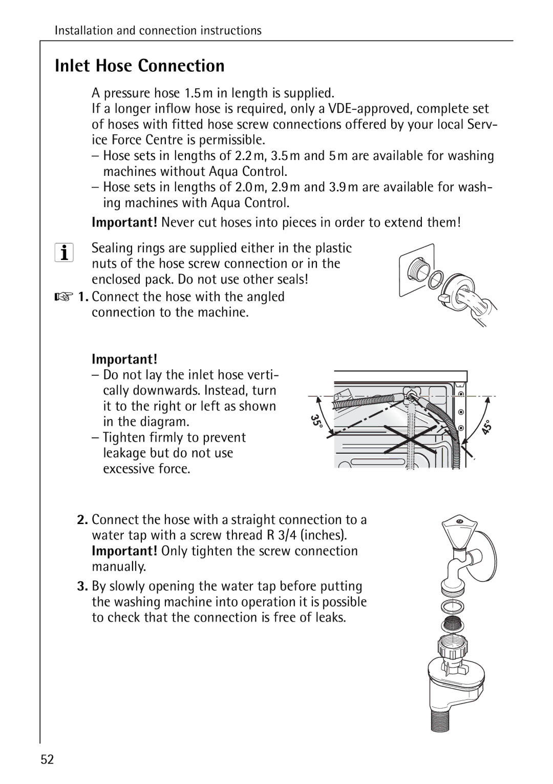 Electrolux 86741 manual Inlet Hose Connection, Connection to the machine 