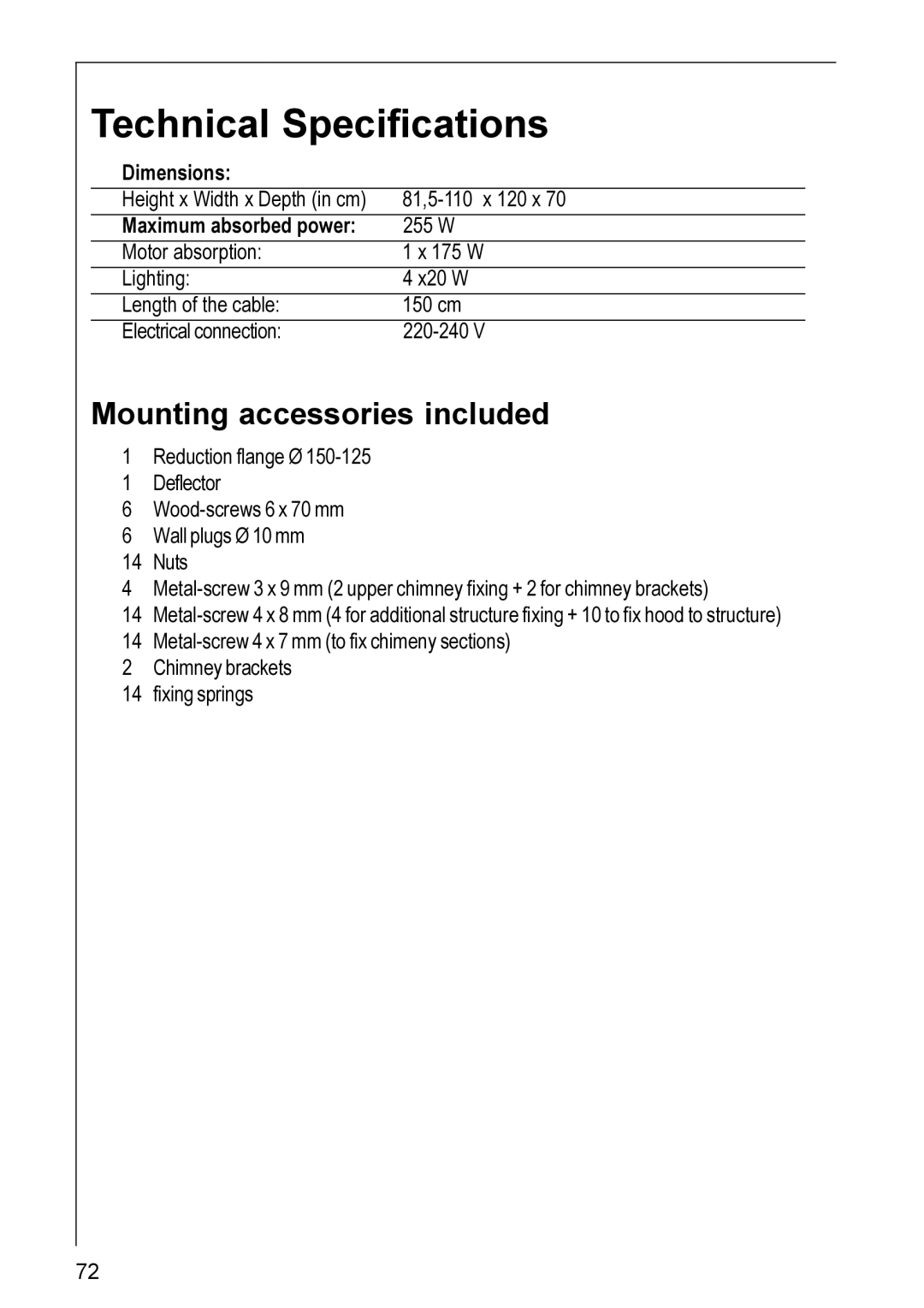 Electrolux 8820 installation instructions Technical Specifications, Mounting accessories included 