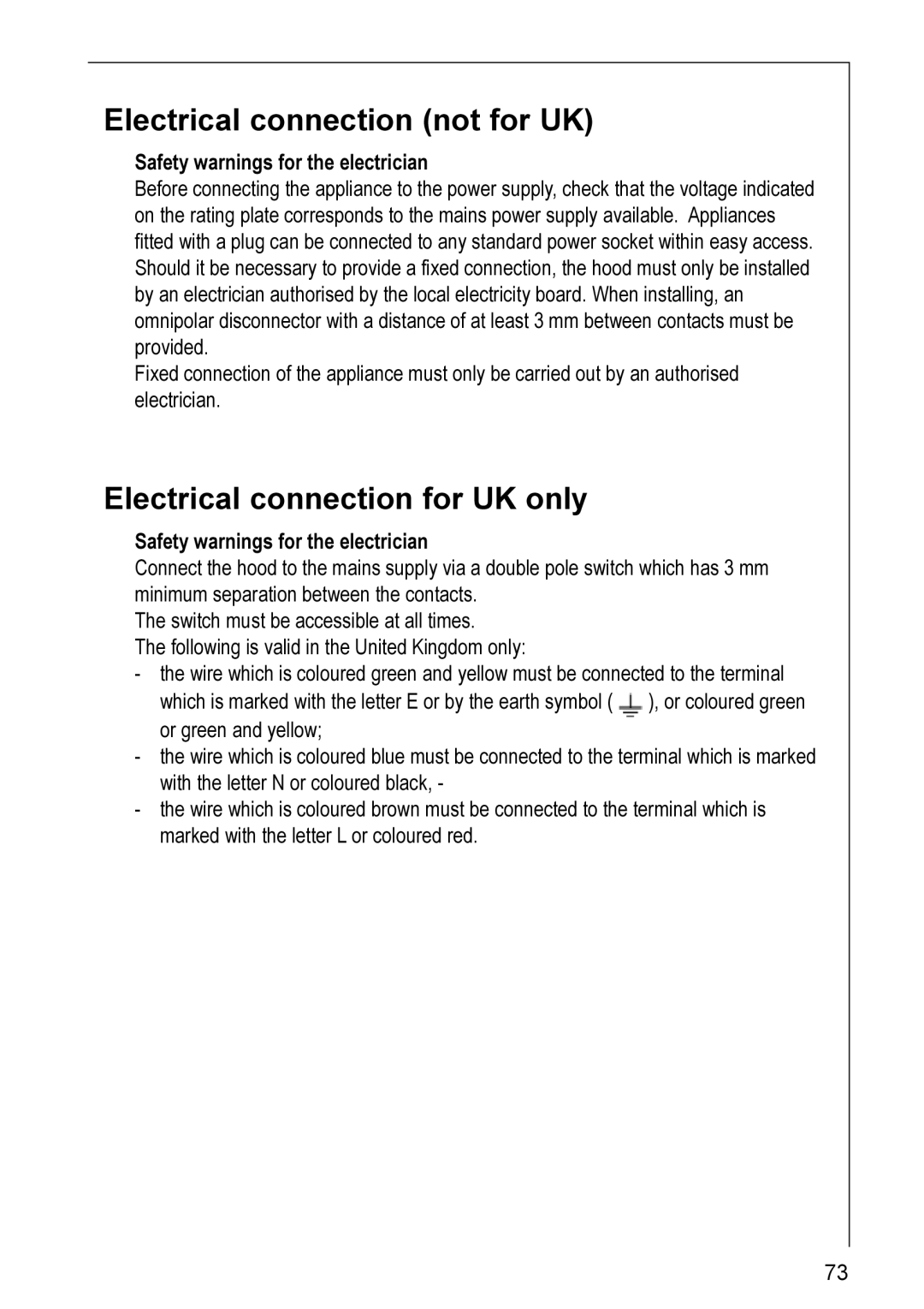 Electrolux 8820 installation instructions Electrical connection not for UK, Electrical connection for UK only 