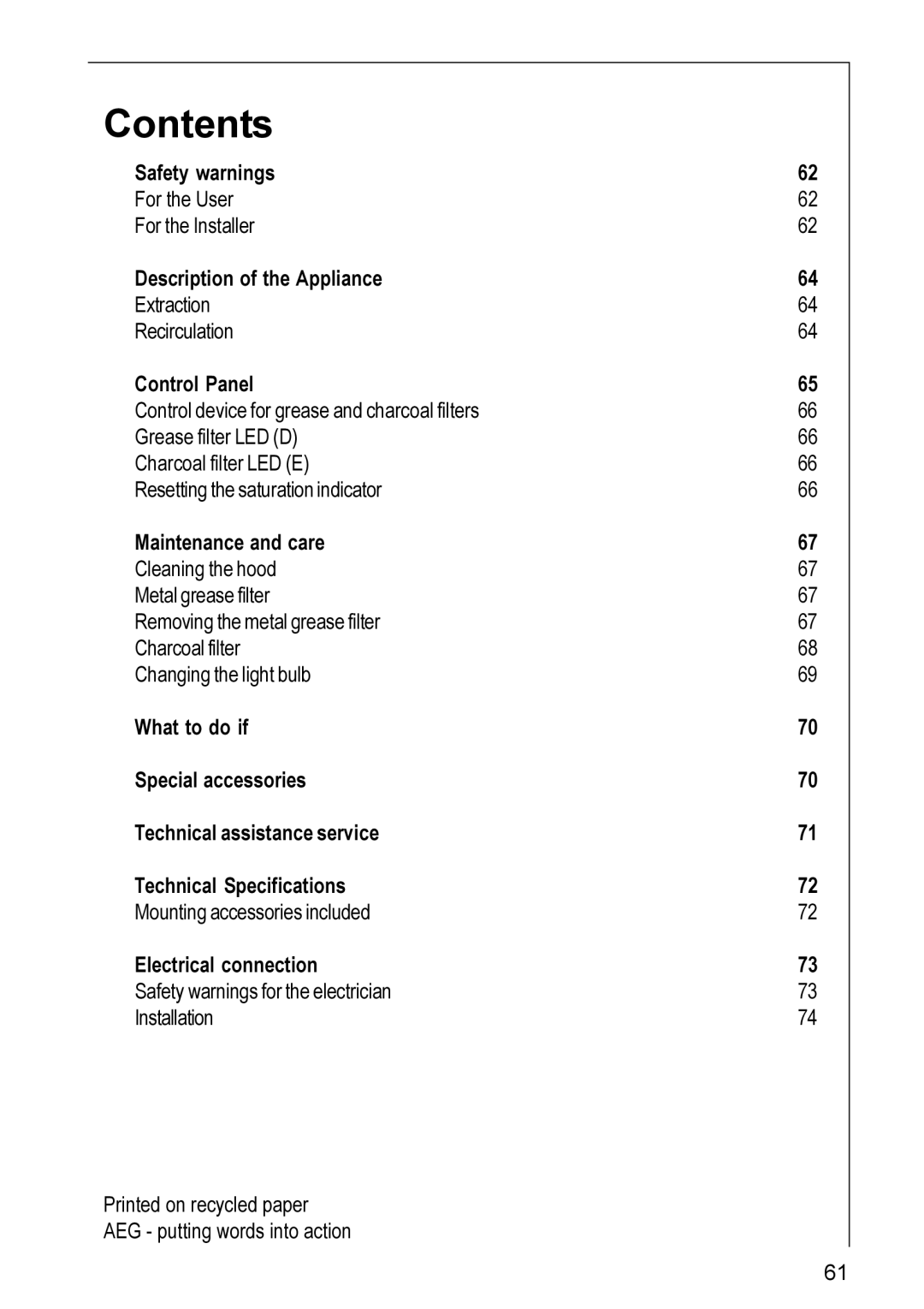 Electrolux 8820 installation instructions Contents 