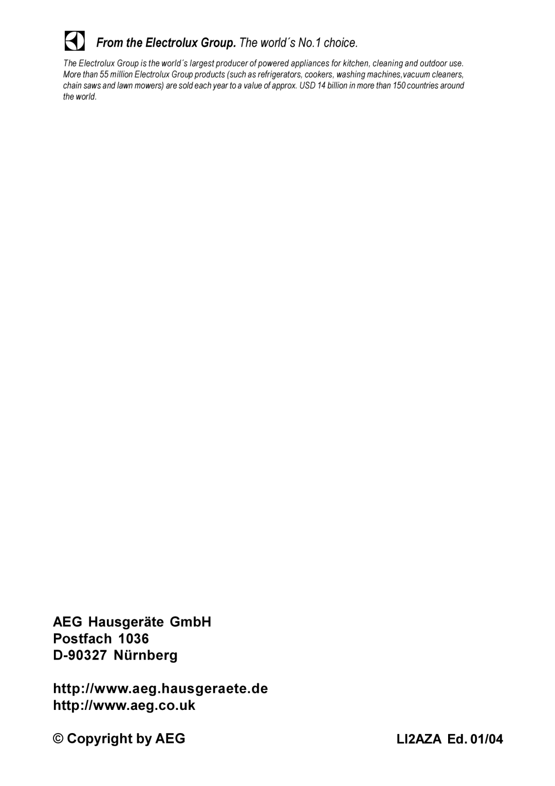 Electrolux 8820 installation instructions AEG Hausgeräte GmbH Postfach 90327 Nürnberg Copyright by AEG 